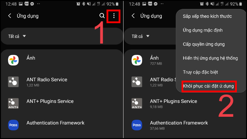  Nhấn vào ký hiệu 3 chấm gốc trên cùng phía bên tay phải > Chọn Khôi phục cài đặt ứng dụng.